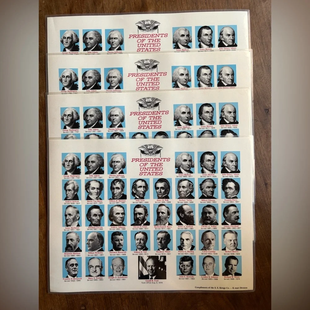 Kmart American Presidents Vintage Placemats Set 4 United States